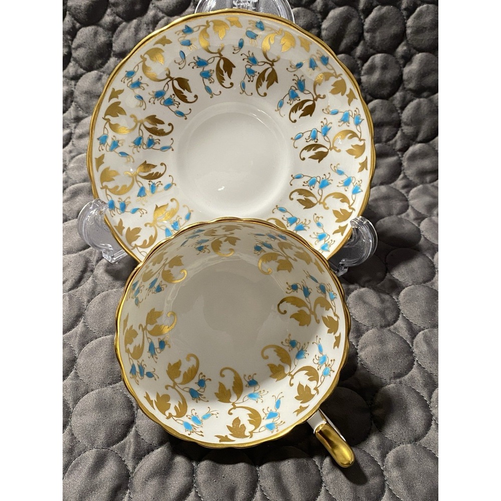 Royal Chelsea 3114A Turquoise Enamel Floral & Gold Tea Cup & Saucer